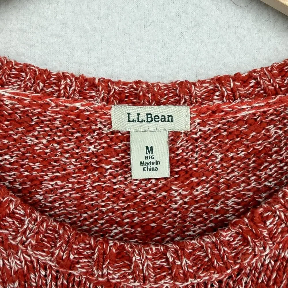 LL BEAN Sweater Womens M Cotton Ragg Pullover Crew Neck Jumper Marled Red